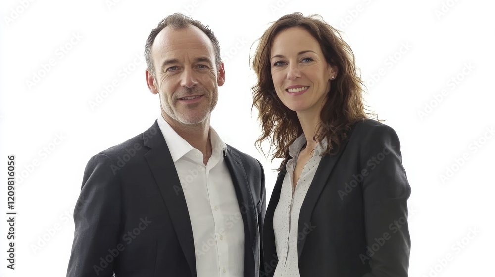Two business people man and woman standing next to each other looking into the frame smiling. on a white background Two business people man and woman standing next to each other looking into the frame smiling. on a white background