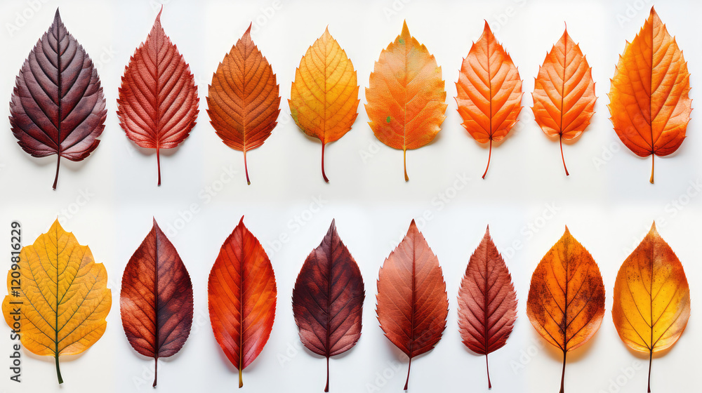 Fototapeta premium Collection of autumn leaves in various colors, showcasing vibrant reds, oranges, yellows, and browns. leaves are arranged in neat pattern, highlighting their unique shapes and textures