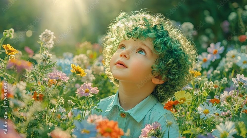 Innocence Girl, Flower, Field, Looking, Sunlight, pastel Child in Flower Field with Soft Light Effect Innocence Girl, Flower, Field, Looking, Sunlight, pastel Child in Flower Field with Soft Light Effect