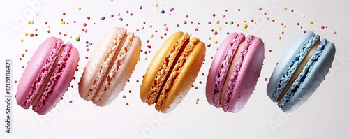 Wallpaper Mural Five colorful macarons are artfully arranged with sprinkles, showcasing a delightful dessert that's perfect for celebrations. Torontodigital.ca