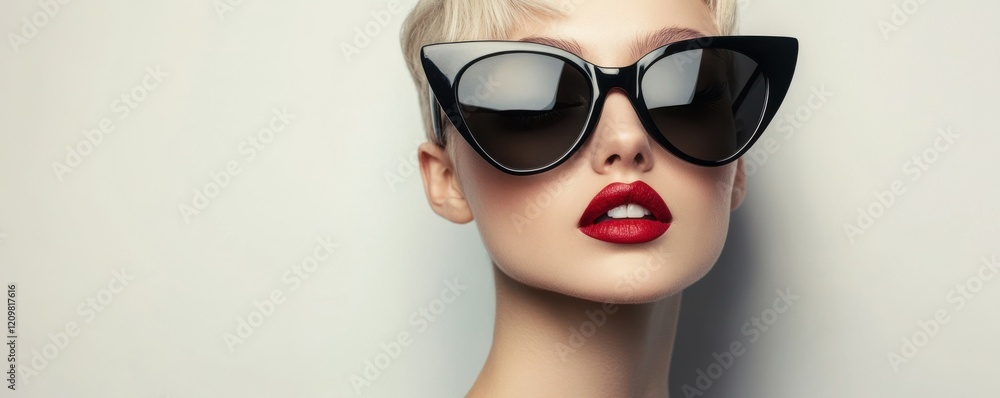 Stylish young woman with short blonde hair posing in oversized black sunglasses, exuding confidence and elegance. Fashion and beauty concept Stylish young woman with short blonde hair posing in oversized black sunglasses, exuding confidence and elegance. Fashion and beauty concept