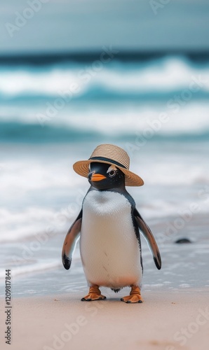 A penguin wearing a straw hat standing on the sand at the beach in front of ocean waves