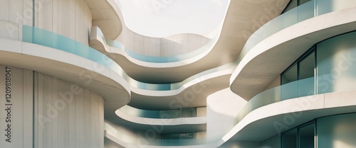 Abstract Concrete Building Facade with Curved Balconies and Windows. photo