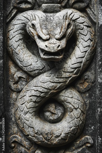 Carved stone snake with visible scales coiled tightly. photo