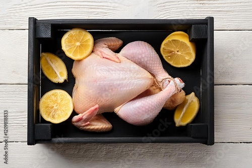 Fresh raw chicken in black wooden box with slices of lemon on a white wooden background. Raw fish Top view. photo