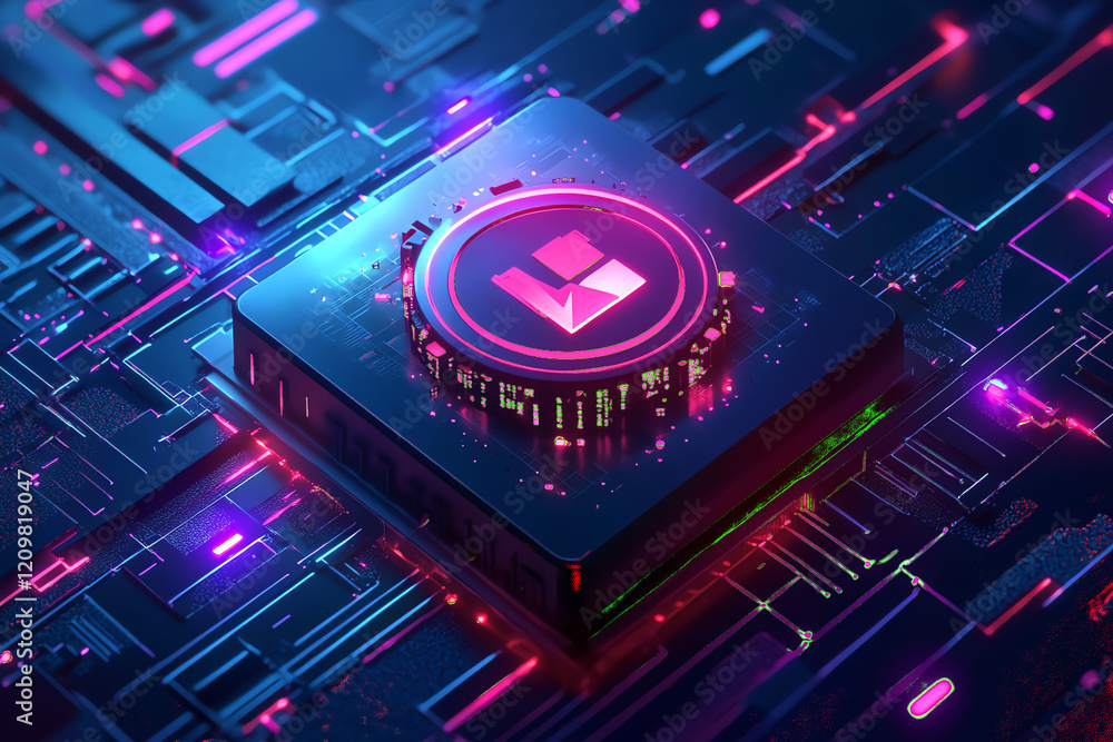 Obraz premium Futuristic digital circuit board with glowing microchip and vibrant neon lights
