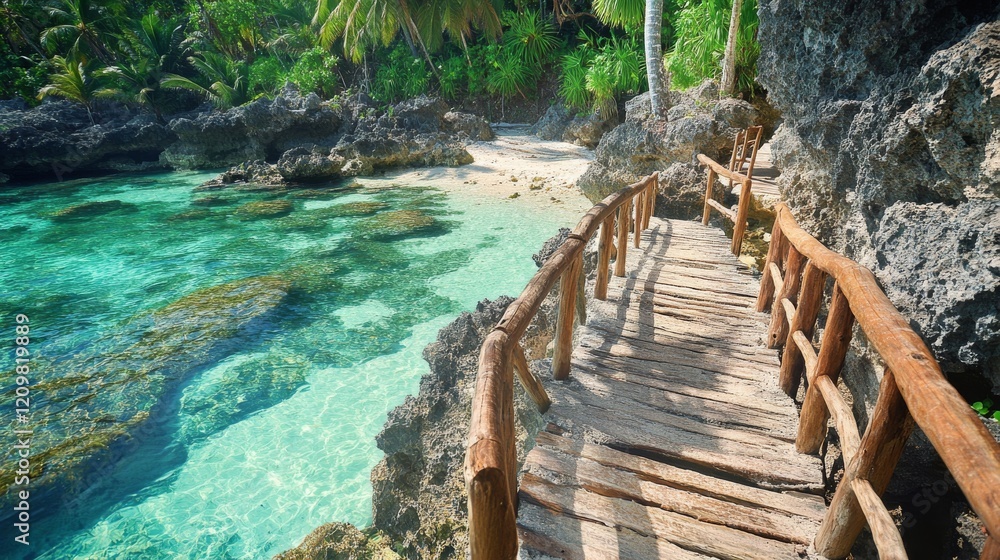 Obraz premium Tropical Paradise: Wooden Staircase to Colorful Cove with Marine Life and Palm Trees