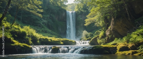 breathtaking waterfall cascading into lush green canyon landscape photo