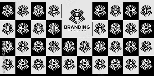 Simple line shield monogram letter A-Z logo set