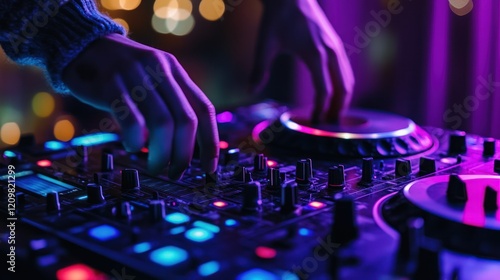 Nightlife DJ Mixer Closeup: Vibrant Purple and Blue Lights Illuminate a DJ's Hands Skillfully Mixing Music on a Professional Turntable Setup