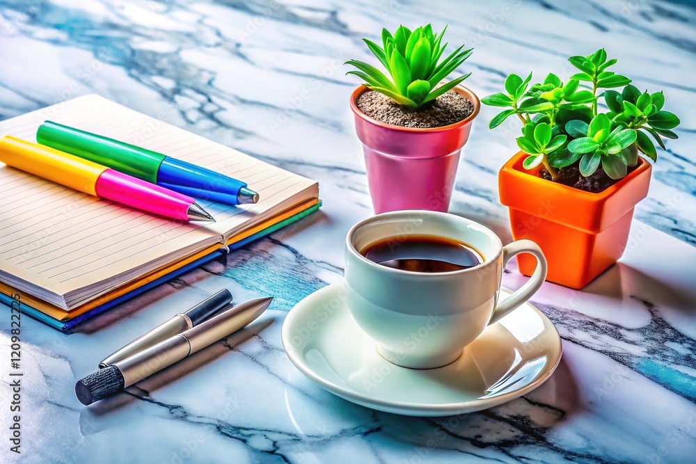 Closeup Workspace Marble Table - Coffee Cup, Plant, Note, Pens Closeup Workspace Marble Table - Coffee Cup, Plant, Note, Pens