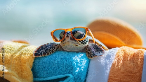 A cute sea turtle wearing orange sunglasses lying on a colorful towels beach day vibe photo