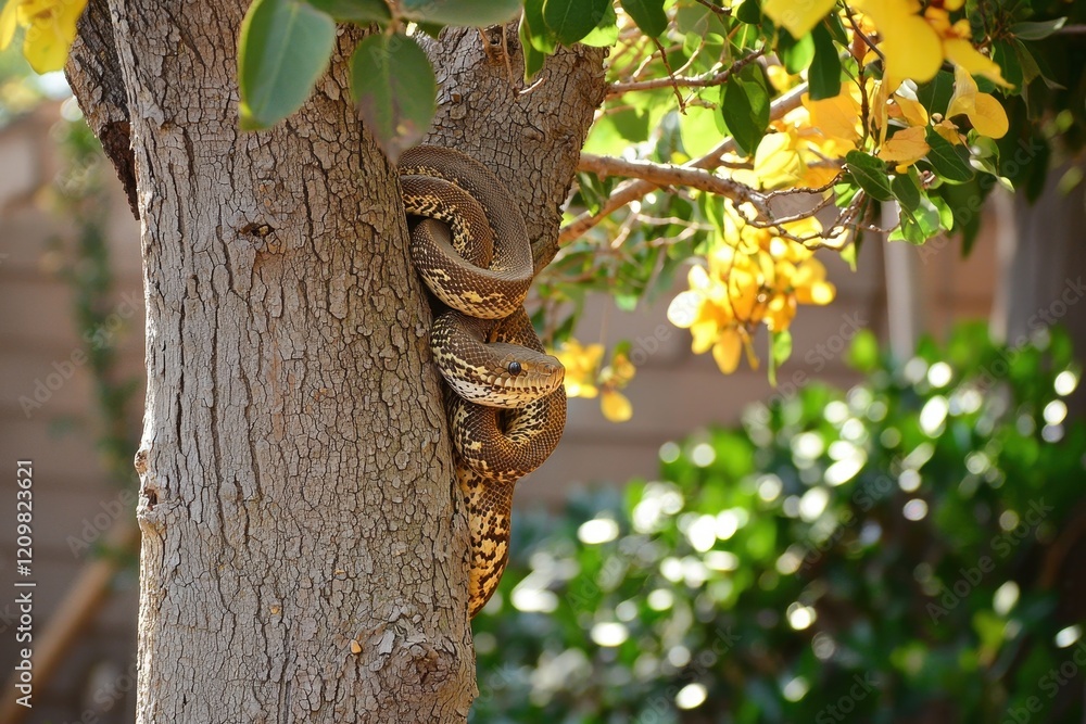 A carpet python coiled around a tree trunk in a suburban backyard, blending with the tree's bark and leaves A carpet python coiled around a tree trunk in a suburban backyard, blending with the tree's bark and leaves