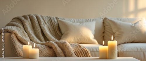 Cozy Winter Interior with Candles and Knitted Throw photo