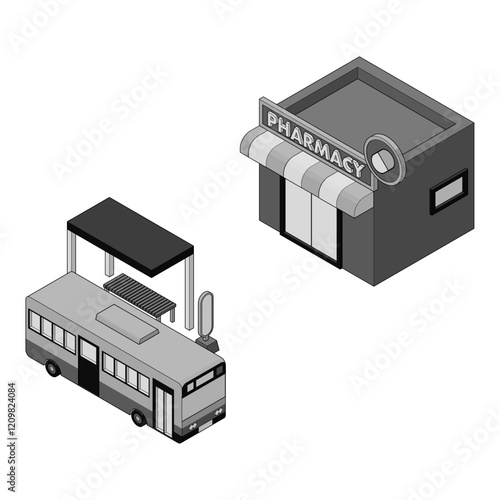 バス停に停車しているバスと薬局が描かれたモノクロのアイソメトリックイラスト。線画スタイル、左面法。