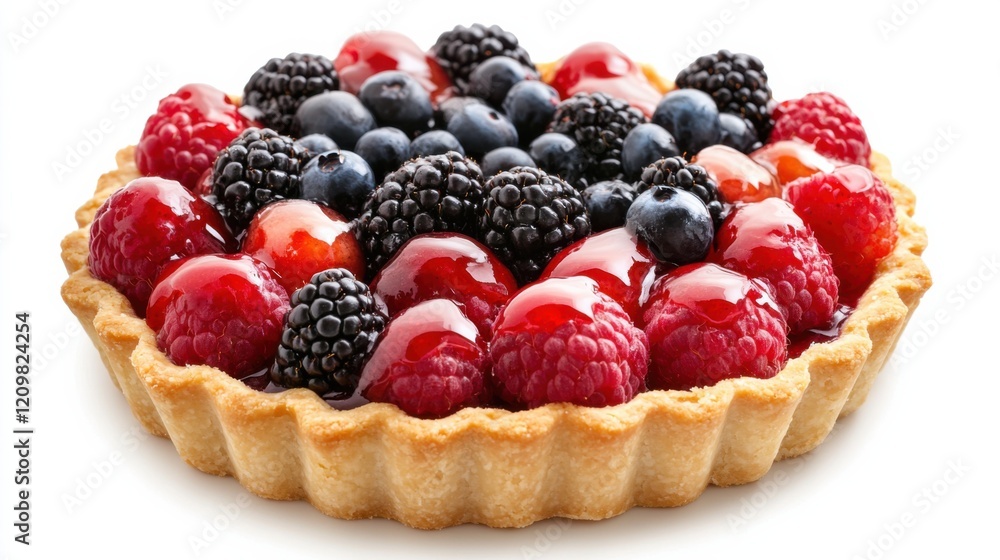 A colorful fruit tart topped with a medley of fresh berries, Each fruit glistening with a light glaze, Set against an isolated white background to showcase its vibrant presentation A colorful fruit tart topped with a medley of fresh berries, Each fruit glistening with a light glaze, Set against an isolated white background to showcase its vibrant presentation