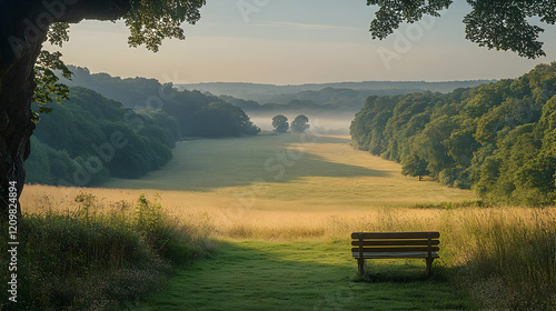 Serene Morning Landscape with Bench Overlooking Misty Valley