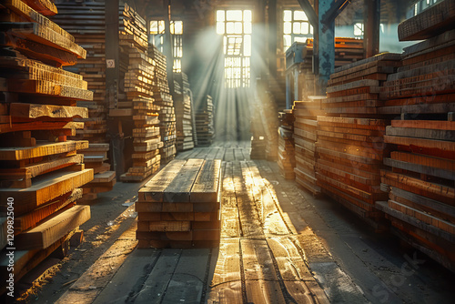 Sunlight illuminating wooden planks in a dusty lumber warehouse