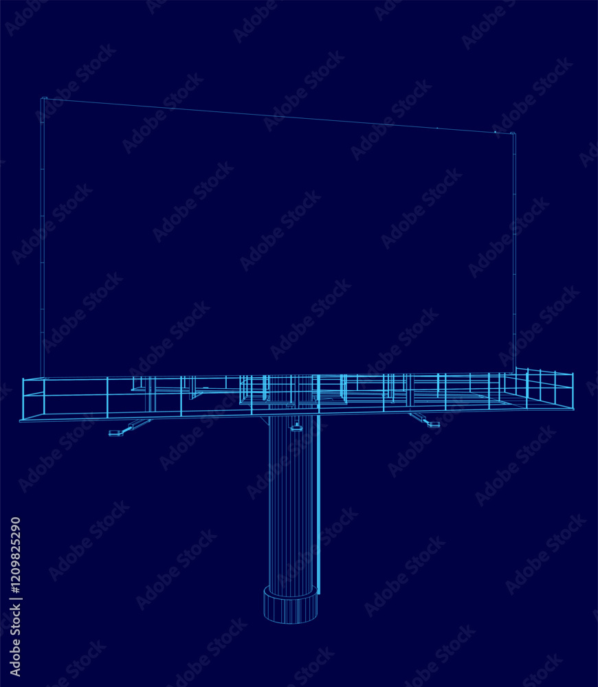Naklejka premium Billboard is shown in a blue color. The billboard is a large, rectangular structure with a blue background. The billboard is made of metal