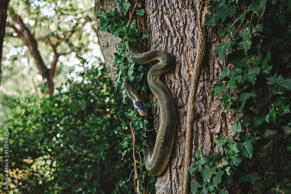 A carpet python coiled around a tree trunk in a suburban backyard, blending with the tree's bark and leaves A carpet python coiled around a tree trunk in a suburban backyard, blending with the tree's bark and leaves
