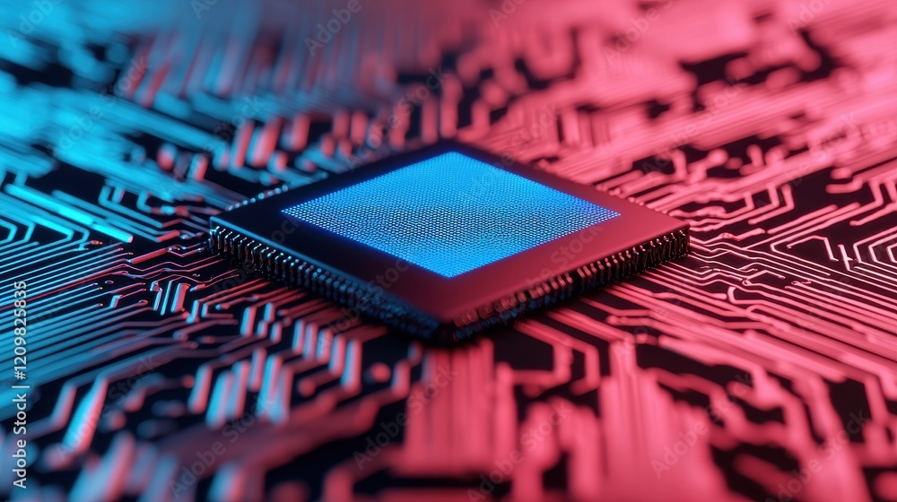 Futuristic Microchip on Circuit Board with Neon Background Effects Futuristic Microchip on Circuit Board with Neon Background Effects