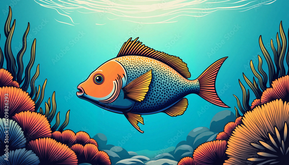 Naklejka premium Vintage-Style Snapper Swimming Amidst Vibrant Coral Reef Ecosystem