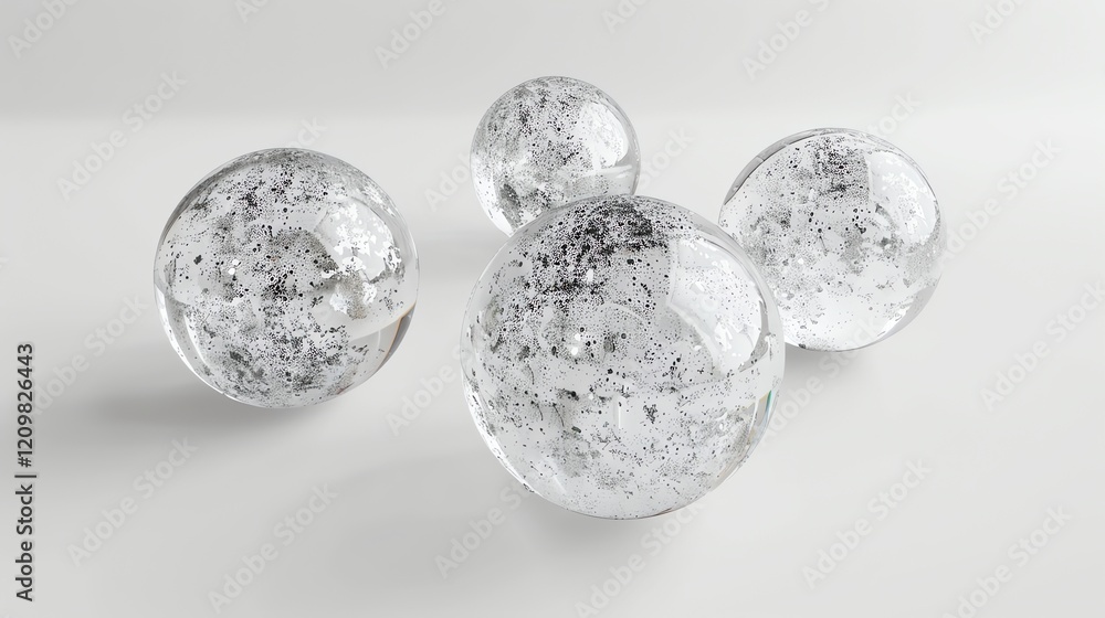 A group of glass spheres with a glittery effect on a white background.