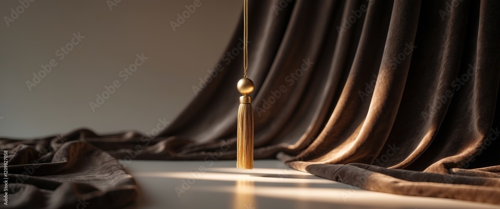 Elegant gold tassel hanging from richly textured fabric in a dimly lit setting. Elegant gold tassel hanging from richly textured fabric in a dimly lit setting.
