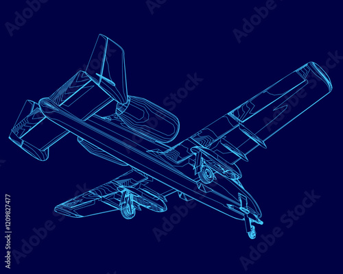 Blue airplane is shown in a blue background. The airplane is a fighter jet. The image is of a blue color scheme