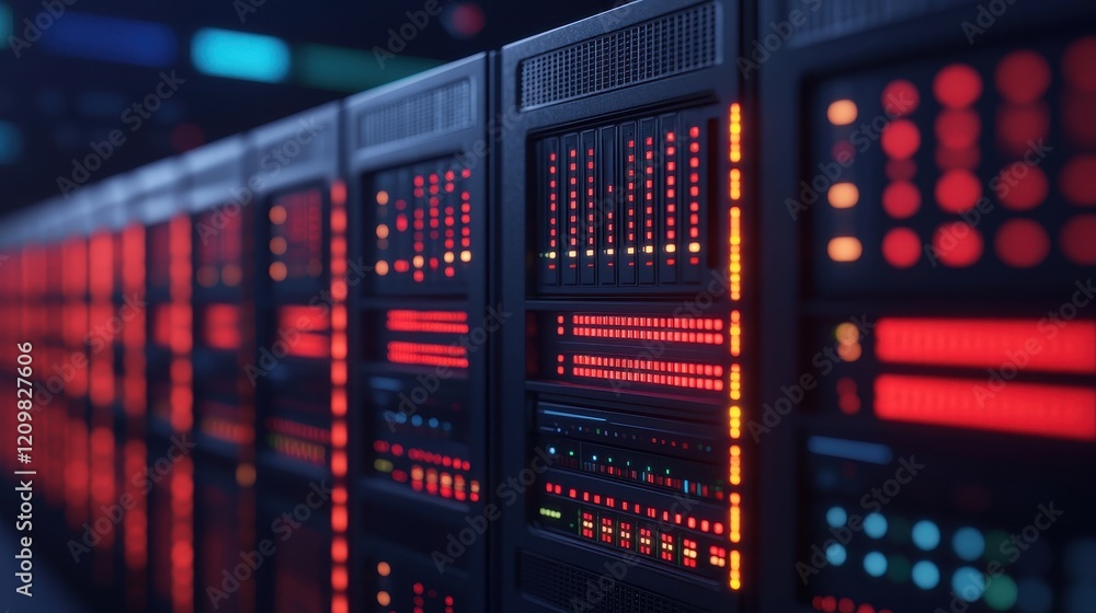 Dark Server Room with Illuminated Panels and Blinking Lights Dark Server Room with Illuminated Panels and Blinking Lights