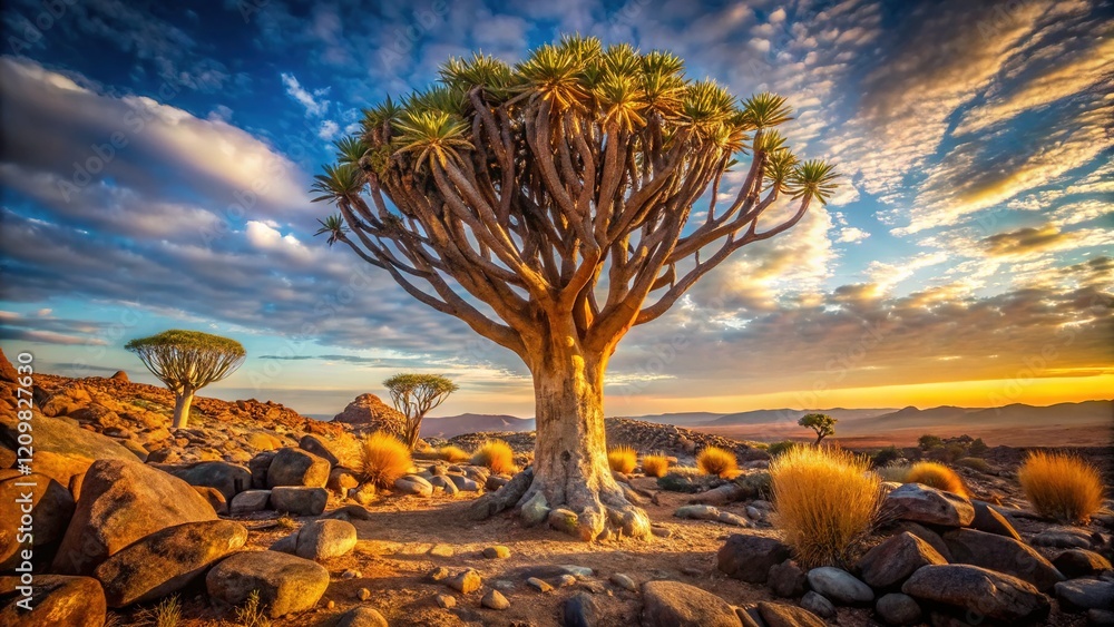 Naklejka premium Double-exposed quiver trees stand defiant in Namibia's arid landscape.
