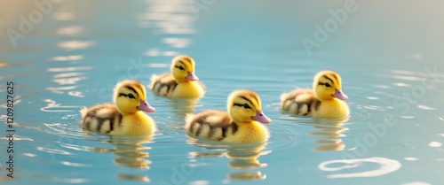 Four cute yellow ducklings swimming peacefully in blue water