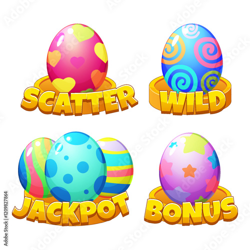 Set of vector Colored Easter eggs. Slot symbols- Jackpot, Wild, Bonus and Scatter for Easter slot machine