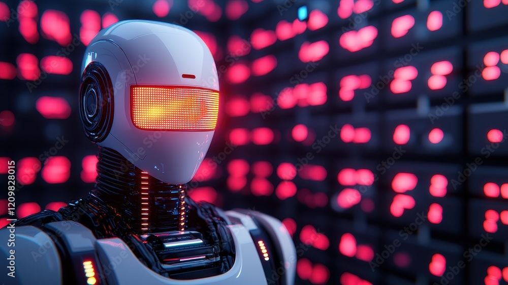 Futuristic Robot with LED Eyes in High-Tech Digital Environment Futuristic Robot with LED Eyes in High-Tech Digital Environment