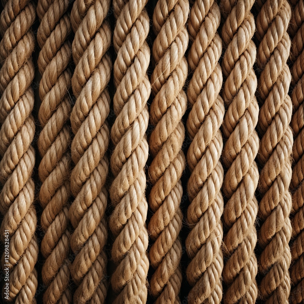This studio shot showcases thick rope coils elegantly arranged against a rustic wooden background. The ropes are intertwined in various patterns, creating a visually striking and textured display. This studio shot showcases thick rope coils elegantly arranged against a rustic wooden background. The ropes are intertwined in various patterns, creating a visually striking and textured display.