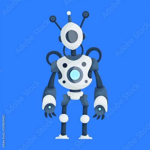 A colorful cartoon robot with antennas and mechanical features standing against a solid blue background, futuristic and playful.