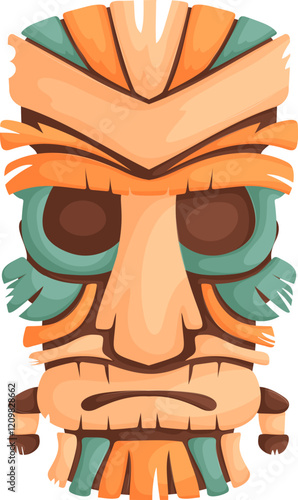 A striking tribal mask featuring vibrant orange, green, and beige tones, showcasing cultural art and symbolic patterns on a white background.