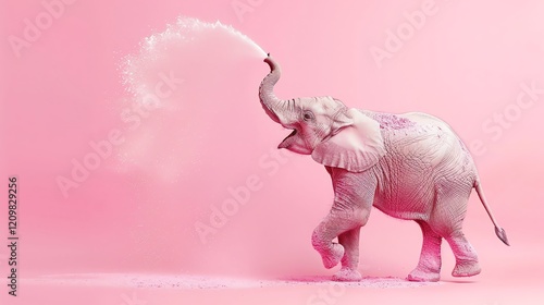 A pink elephant playfully spraying water from its trunk against a pink background.
