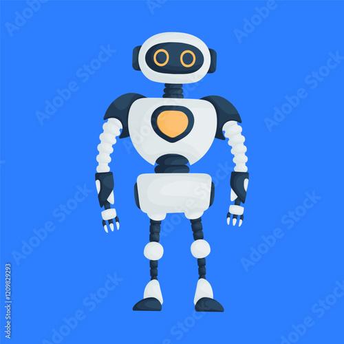 Illustration of a cute humanoid robot with a white body and orange heart on a solid blue background, futuristic design.