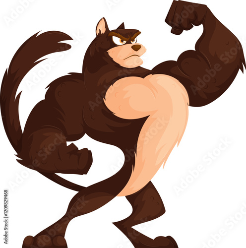 Illustration of a strong anthropomorphic cat character with a muscular physique, flexing biceps, on a white background.