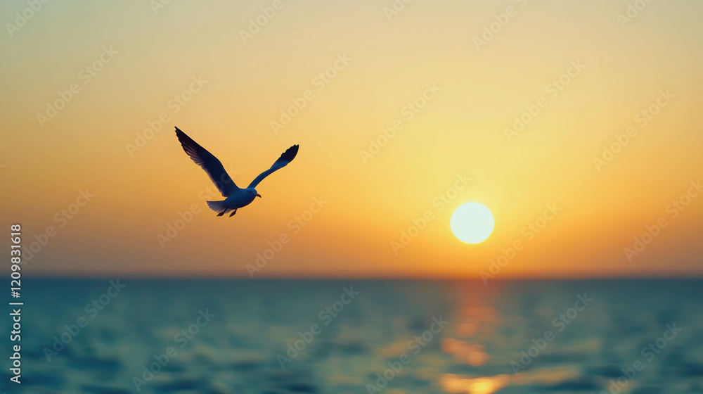 Fototapeta premium Seagull Gliding Gracefully Above Calm Ocean During Sunset in a Serene Natural Environment