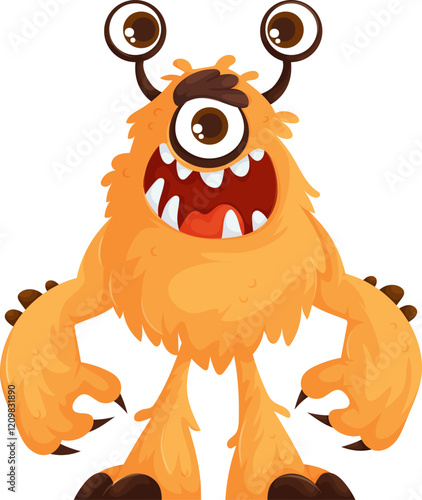 Playful orange cartoon monster with one large eye, two stalk eyes, sharp teeth, and a goofy expression on a white background.