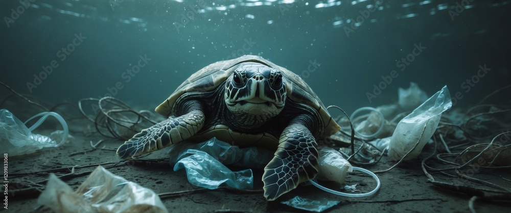 Fototapeta premium Struggling Turtle Entangled in Plastic Debris in Murky Ocean Waters with Underwater Lighting Reflecting a Somber Scene of Marine Pollution.
