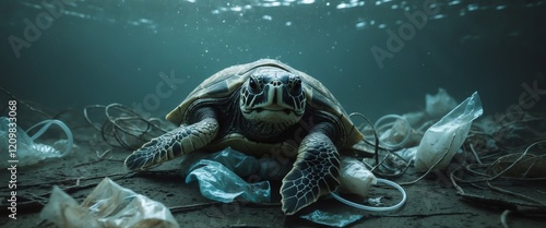 Struggling Turtle Entangled in Plastic Debris in Murky Ocean Waters with Underwater Lighting Reflecting a Somber Scene of Marine Pollution. photo