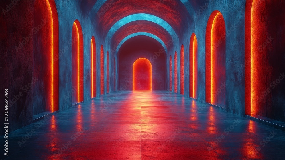A long, narrow room with red walls and blue floors A long, narrow room with red walls and blue floors