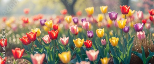 Vibrant tulip field in full bloom under soft sunlight showcasing a variety of colorful blossoms and lush green foliage. photo