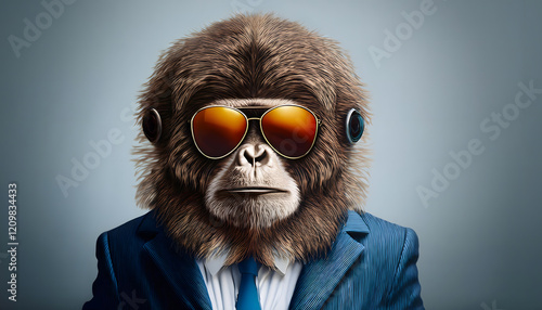 gorilla, monkey, ape, with, glasses, sunglasses, face, new, 3d, business, suit, wearing, a, funny, hair, animal, businessman, style, smile, expression, cartoon, guy, black, one, person, illustration,  photo