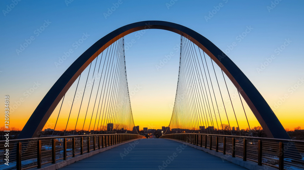 Naklejka premium Sleek Modern Bridge with Curved Lines Against Sunset Background in Urban Landscape