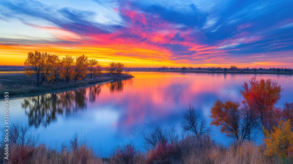 Obraz premium Autumnal Serenity: A Vibrant Sunrise Over a Tranquil Lake