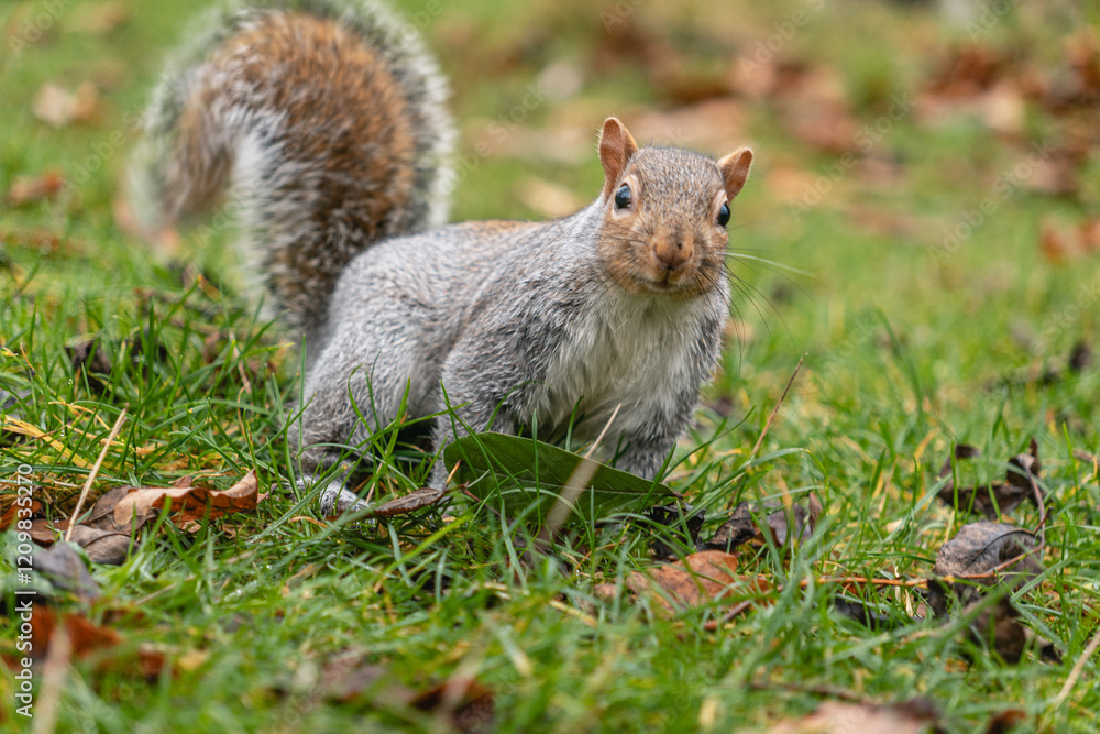 Squirrel on Grass with leaves Squirrel on Grass with leaves